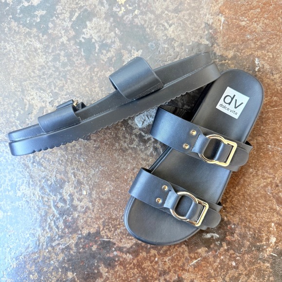 Dolce Vita Sandals Double Strap Black Slides Gold Buckles Womens Brand New NWOT - Picture 3 of 5